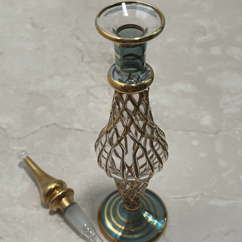 ❗️Middle East Glass Perfume Bottle Handmade- Gold accents - Blue Green VINTAGE❗️